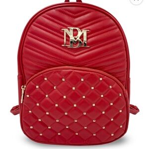 BADGLEY MISCHKA Red Studded Vegan Leather Backpack, Quilted, Gold Details OS NWT